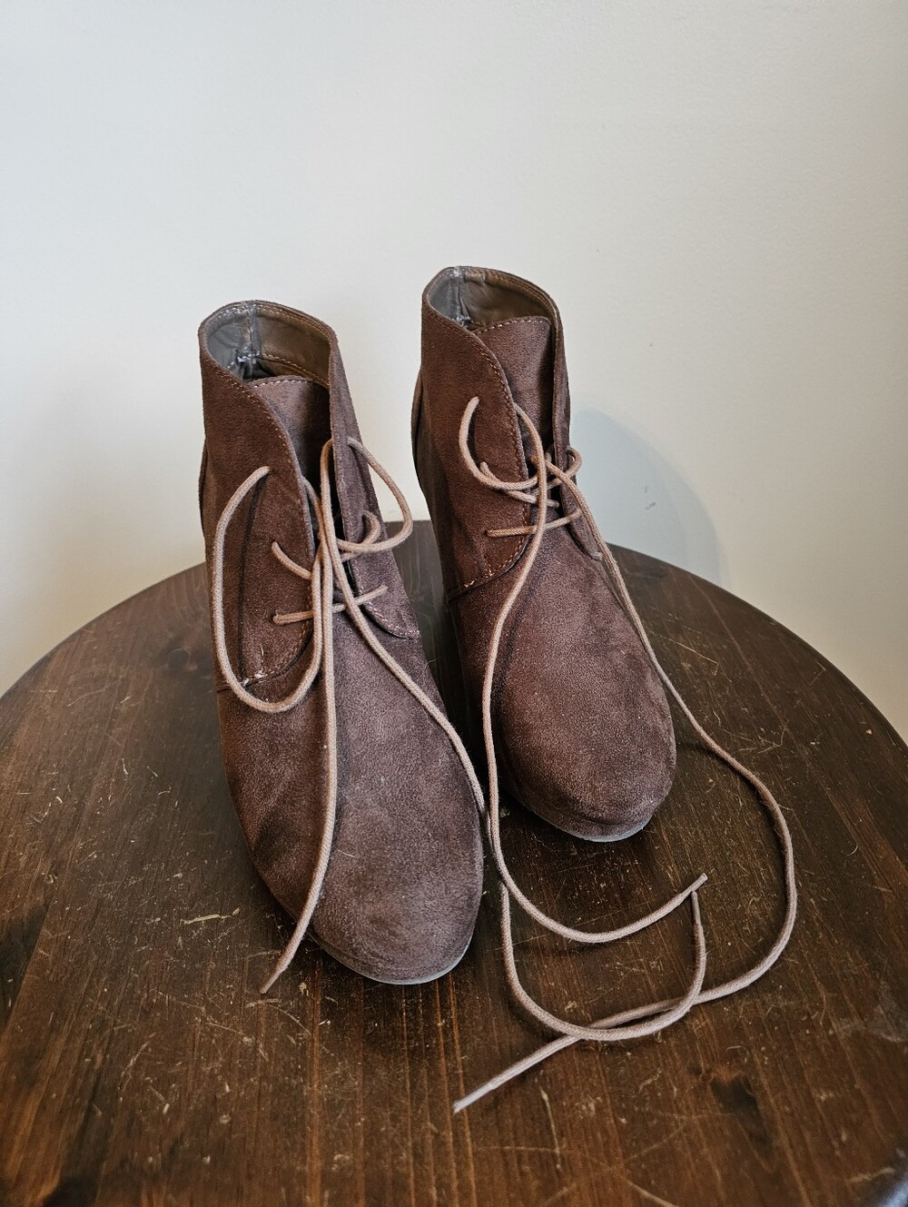 Brown Suede Lace-Up Ankle Wedge Booties